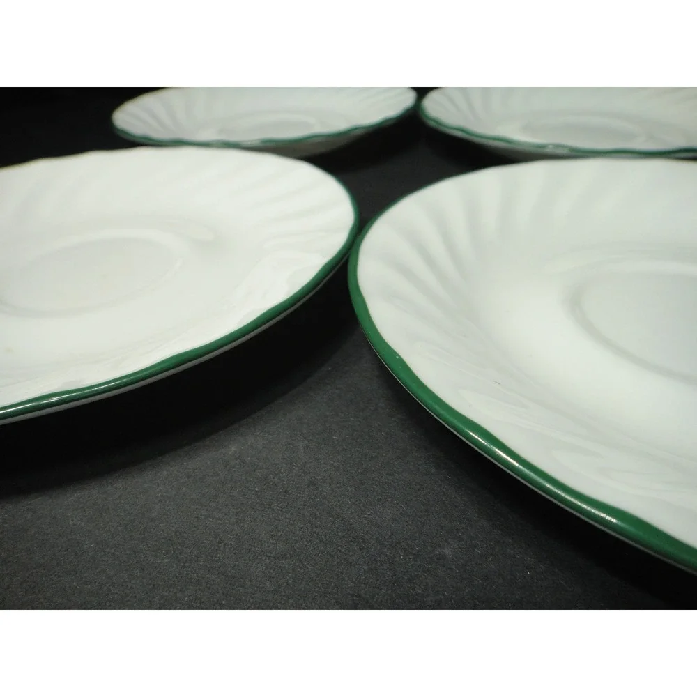 Corelle Corning Emerald Swirl Saucers Set of 4 White Green Trim Scalloped 6